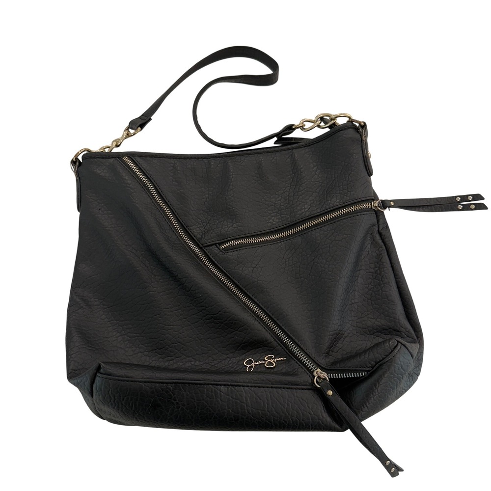 Modern Womens Large Jessica Simpson Hobo Bag Black Zipper Faux Leather